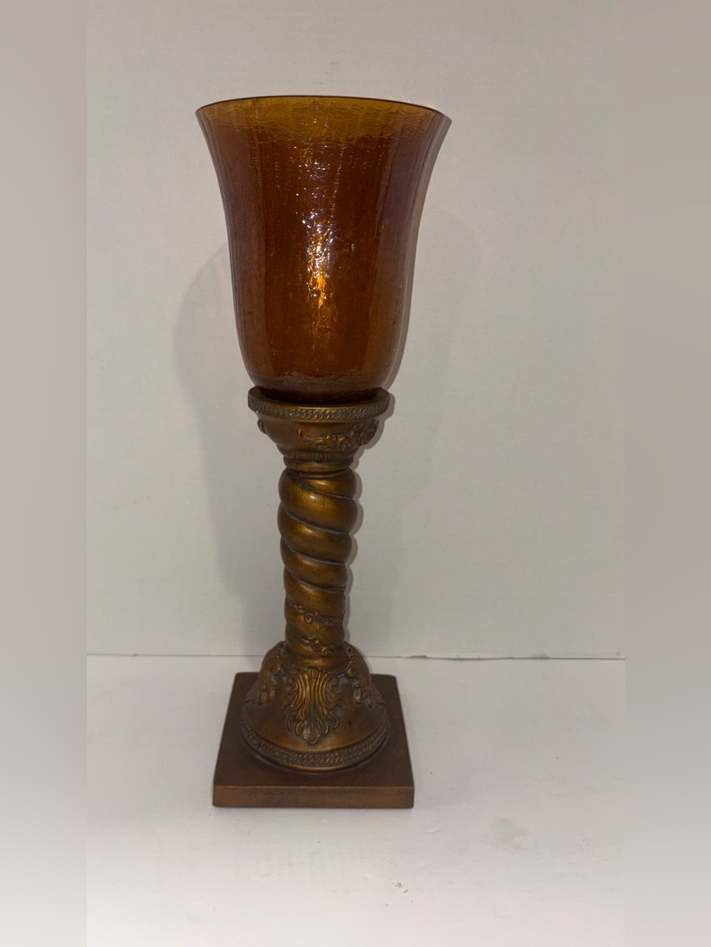 Amber Glass Hurricane Vase with Ornate Gold Base